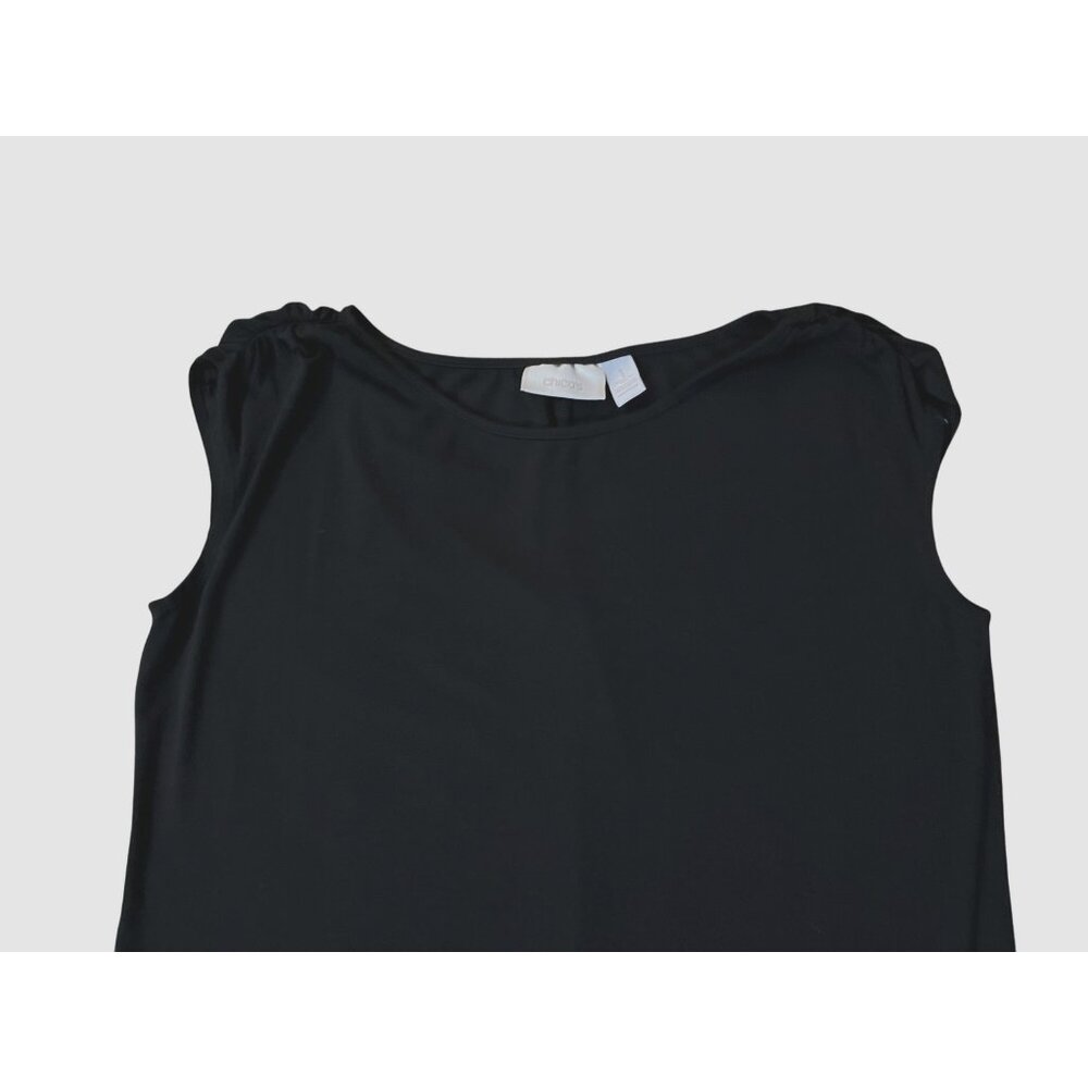 Chico’s Black Sleeveless Dress Women’s Size 1 (M/8) Ruched Shoulders Rayon Blend - Picture 3 of 13